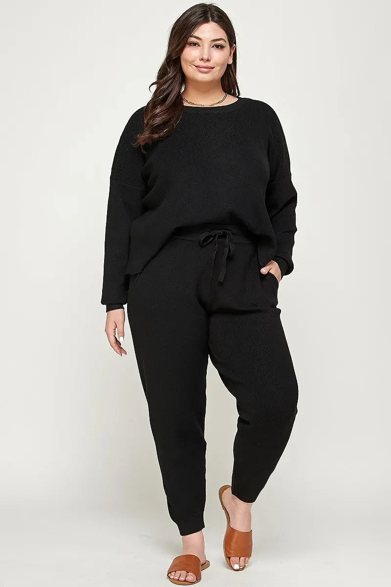“ Happy “ Plus Size Solid Sweater Knit Top And Pant Set - THE BODY FIX