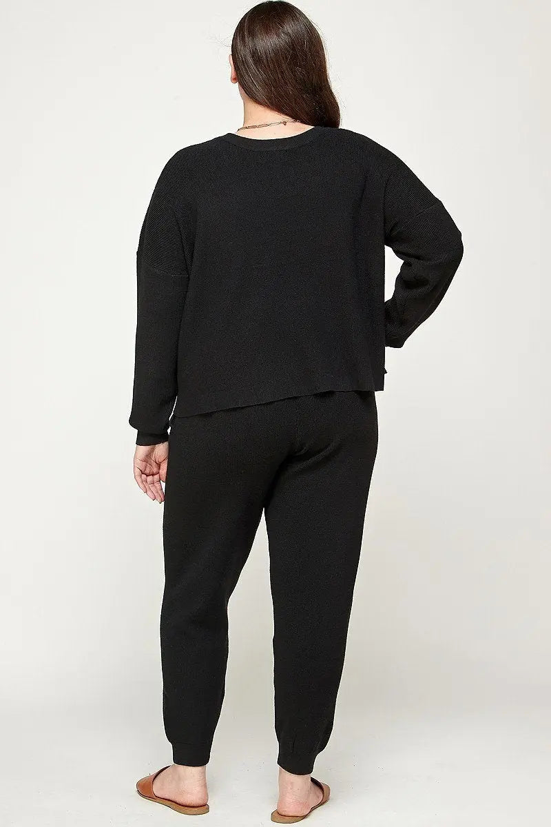 “ Happy “ Plus Size Solid Sweater Knit Top And Pant Set - THE BODY FIX