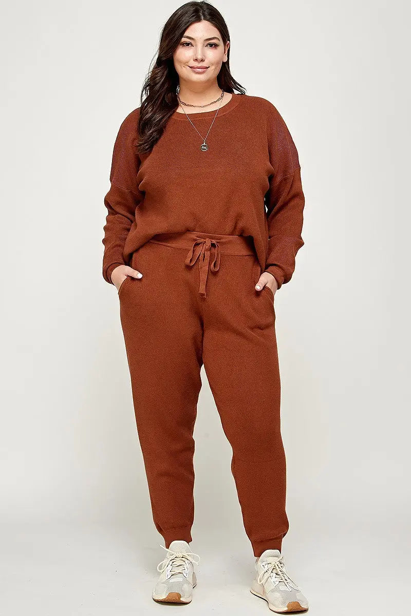 “ Happy “ Plus Size Solid Sweater Knit Top And Pant Set - THE BODY FIX