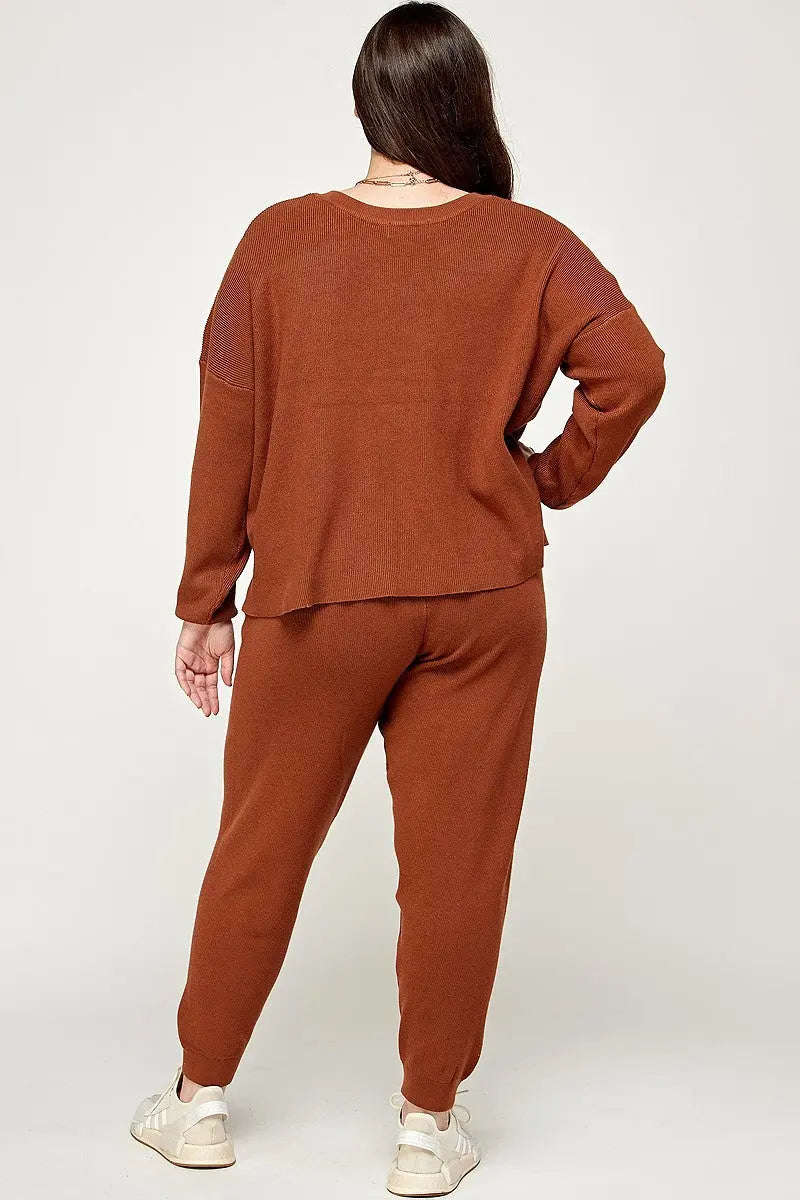 “ Happy “ Plus Size Solid Sweater Knit Top And Pant Set - THE BODY FIX