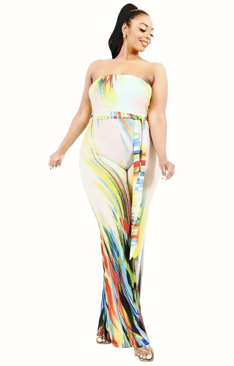 Plus Off Shoulder Color Brushed Tie Waist Jumpsuit - THE BODY FIX