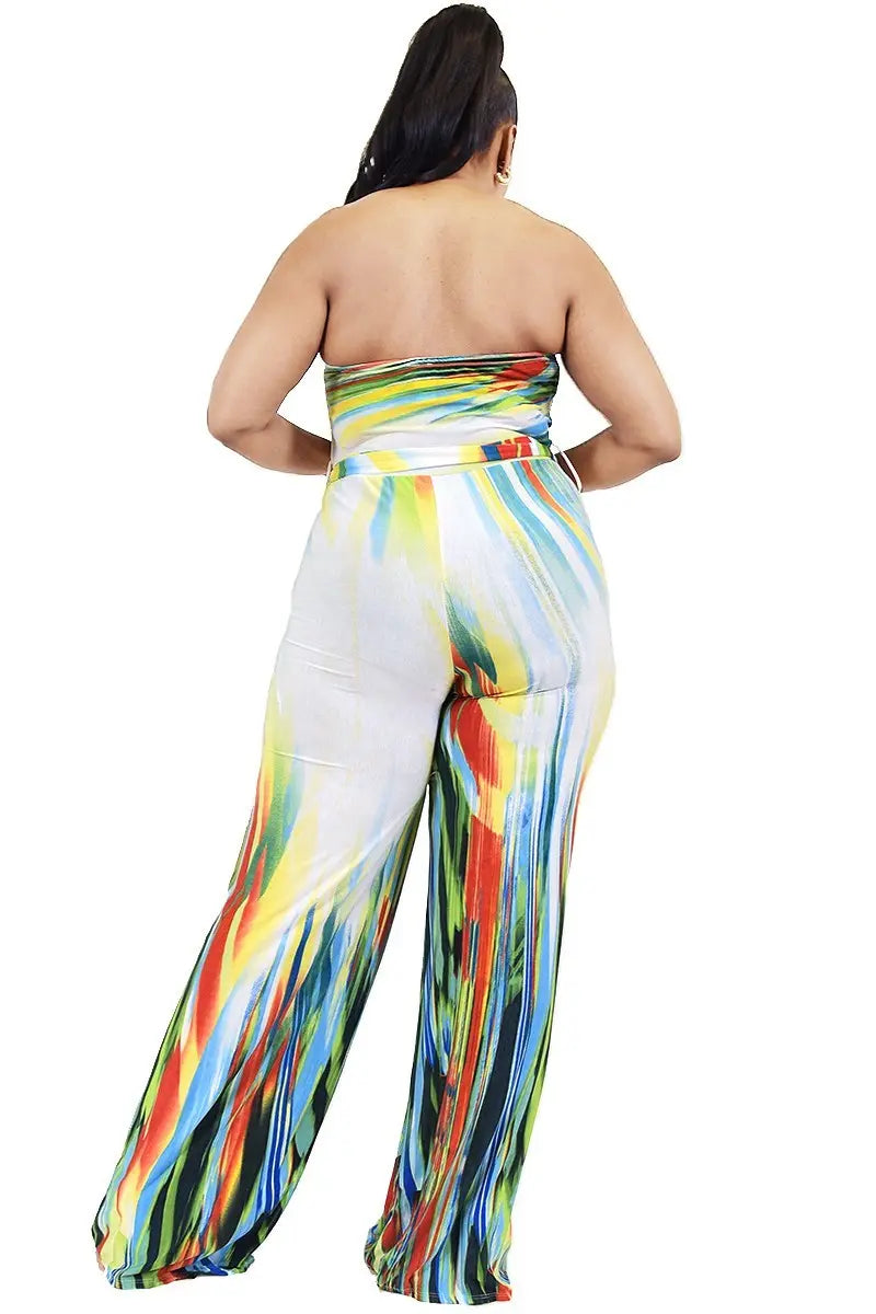 Plus Off Shoulder Color Brushed Tie Waist Jumpsuit - THE BODY FIX