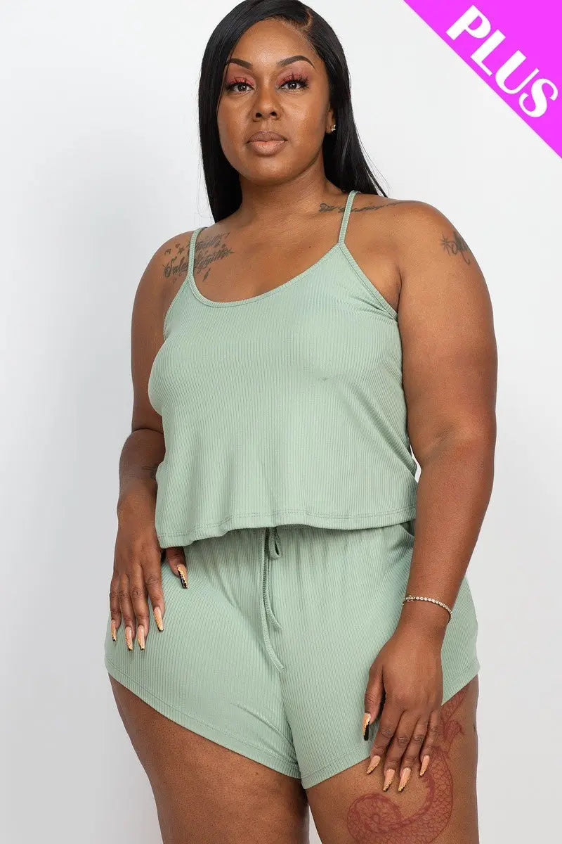 Plus Ribbed Strappy Top And Shorts Set - THE BODY FIX