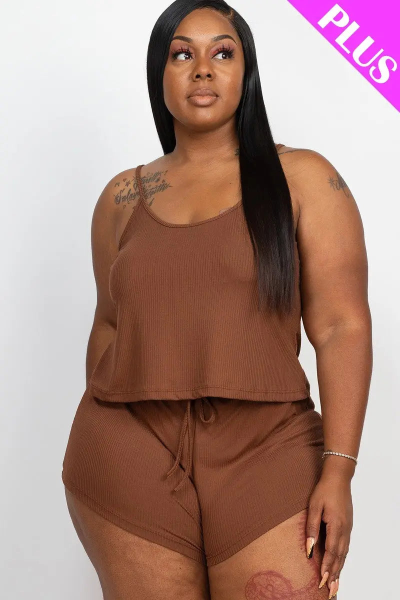 Plus Ribbed Strappy Top And Shorts Set - THE BODY FIX