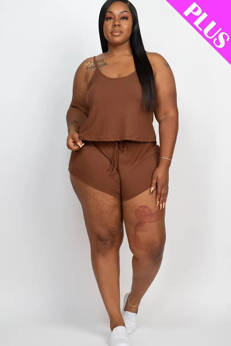 Plus Ribbed Strappy Top And Shorts Set - THE BODY FIX