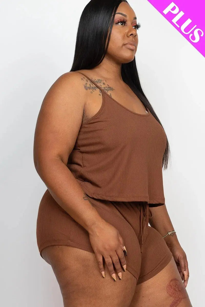 Plus Ribbed Strappy Top And Shorts Set - THE BODY FIX