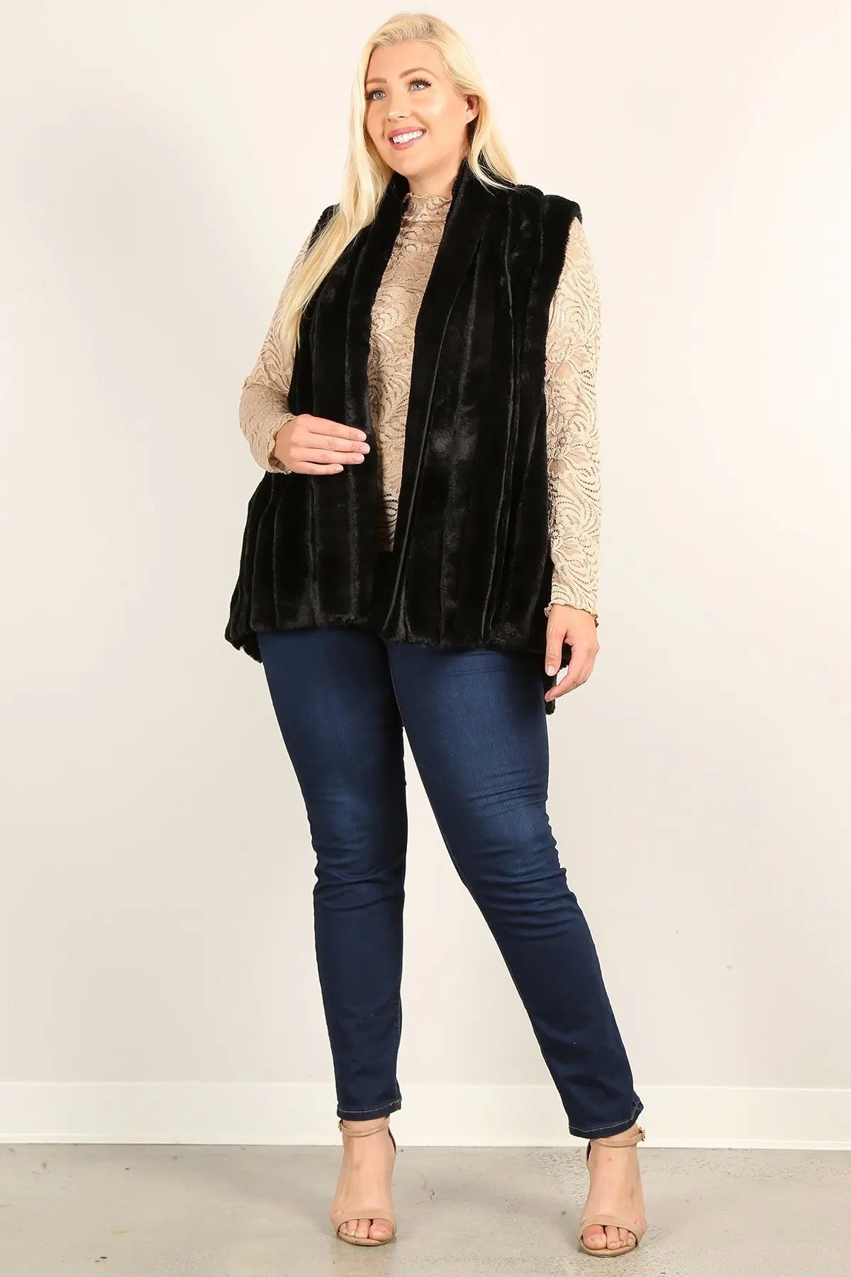 Plus Size Faux Fur Vest Jacket With Open Front, Hi-lo Hem, And Pockets - THE BODY FIX