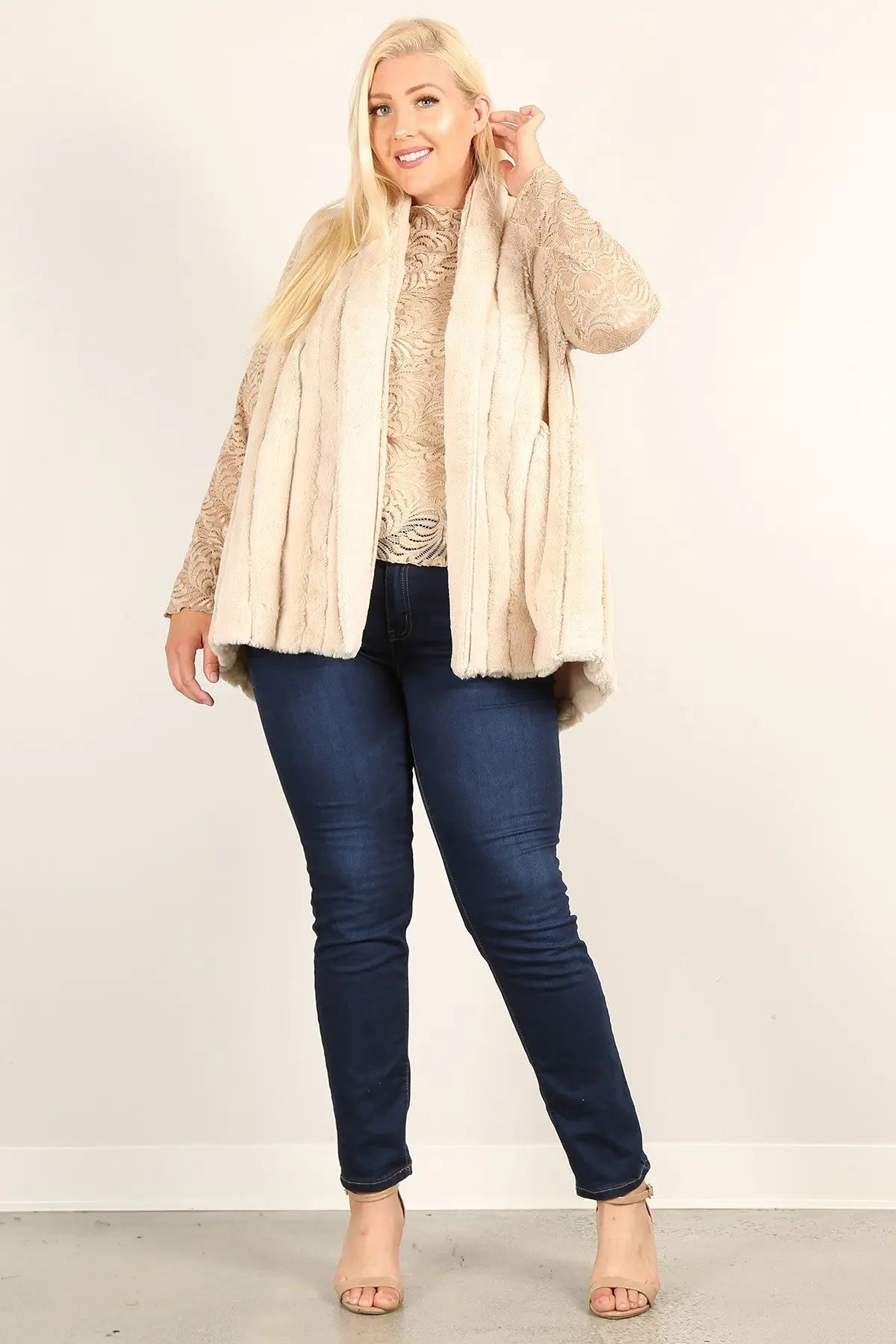 Plus Size Faux Fur Vest Jacket With Open Front, Hi-lo Hem, And Pockets - THE BODY FIX