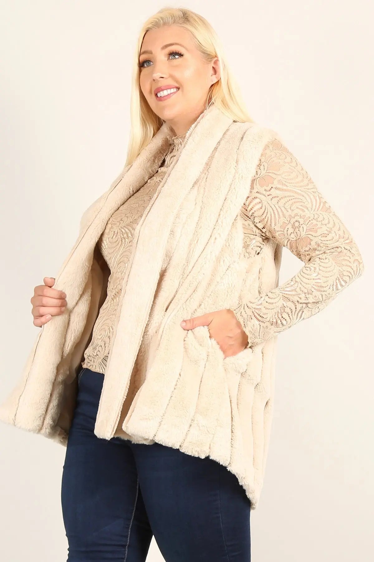 Plus Size Faux Fur Vest Jacket With Open Front, Hi-lo Hem, And Pockets - THE BODY FIX