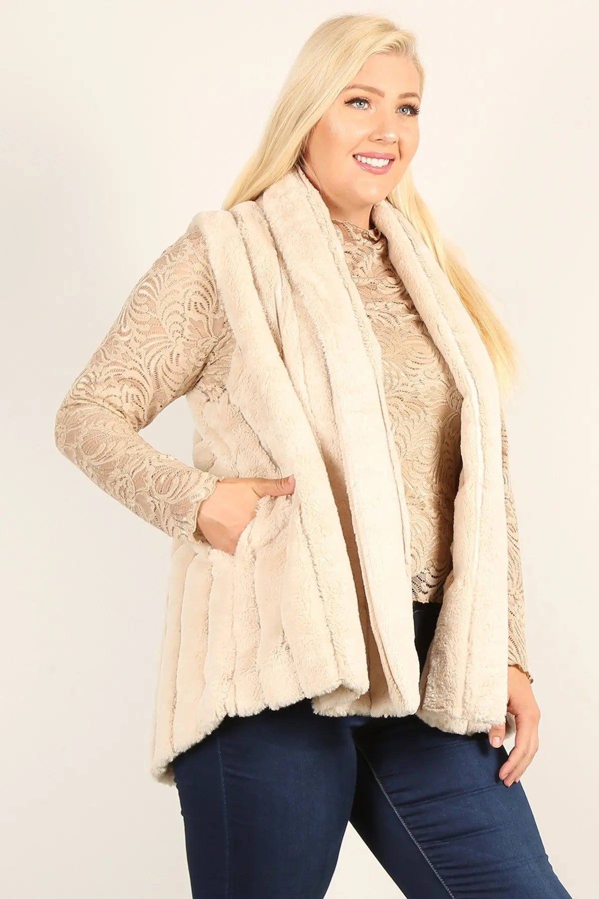 Plus Size Faux Fur Vest Jacket With Open Front, Hi-lo Hem, And Pockets - THE BODY FIX