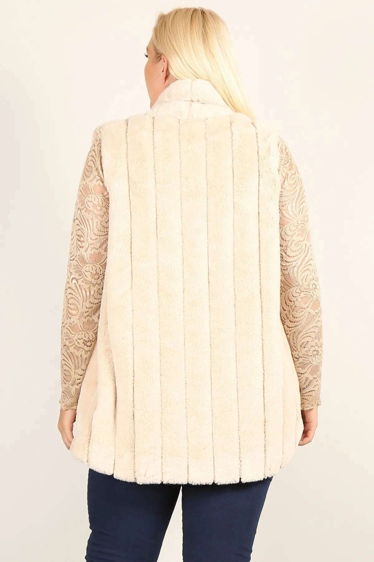 Plus Size Faux Fur Vest Jacket With Open Front, Hi-lo Hem, And Pockets - THE BODY FIX