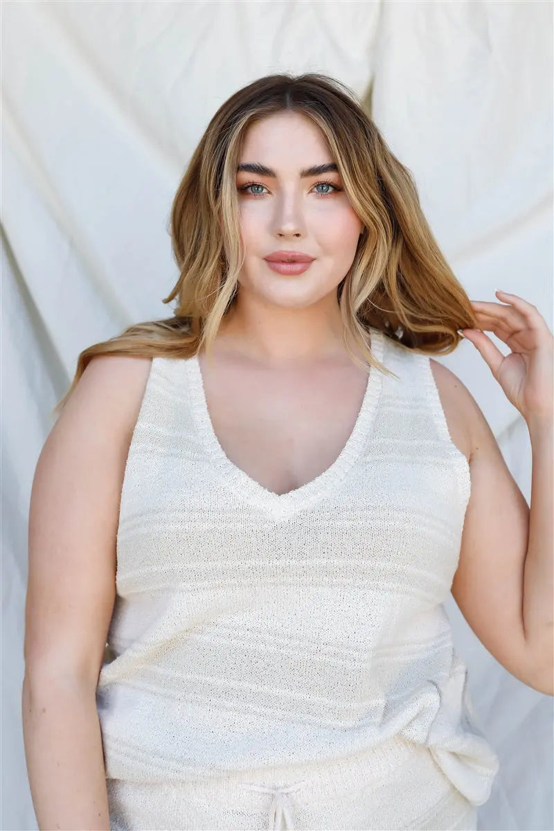 Plus Stripe Knit Sleeveless Top & Short Set - THE BODY FIX